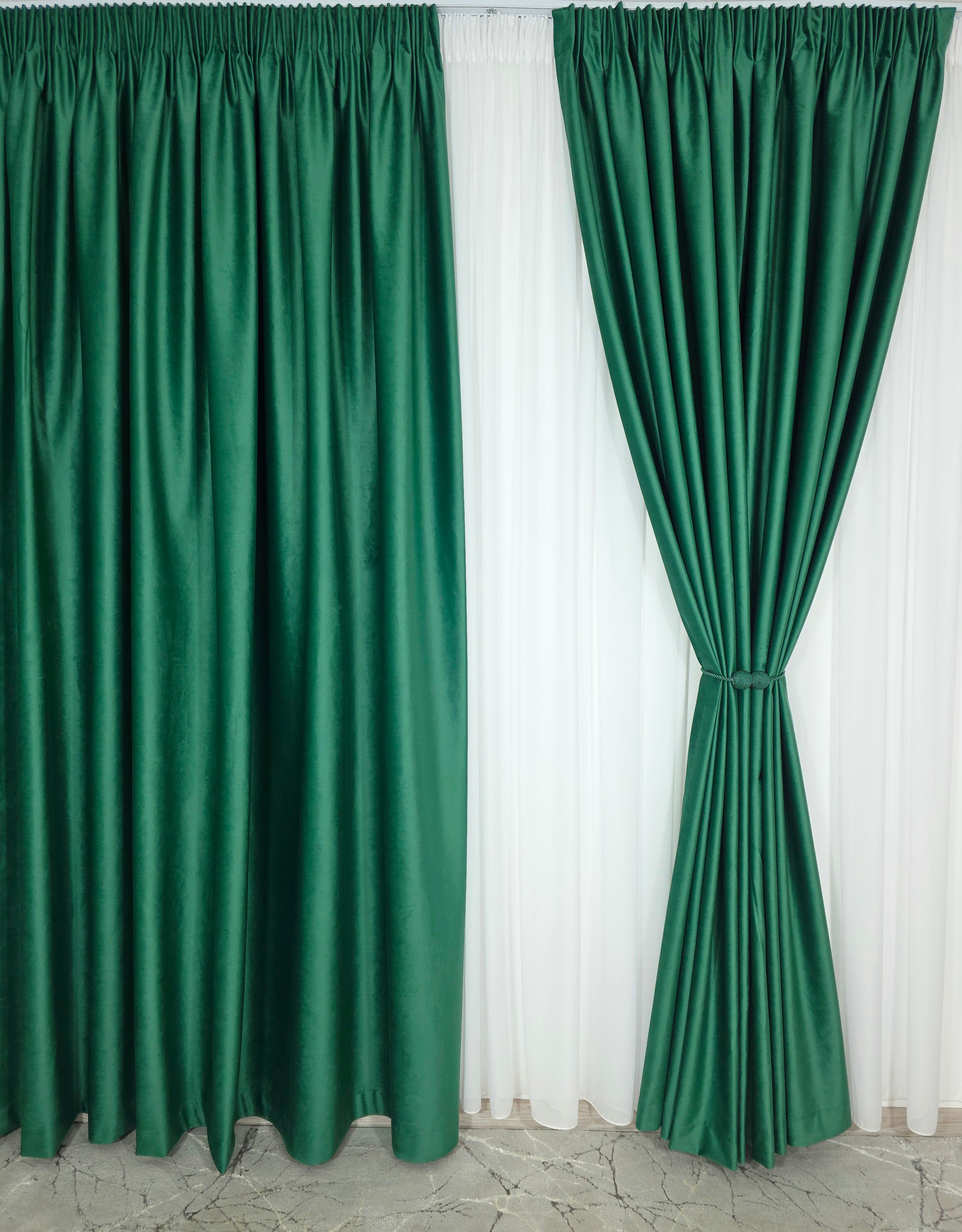 Set Premium: Perdea Matase Alba și Draperie Verde Smarald Catifea Garantat Opacă Blackout 100%