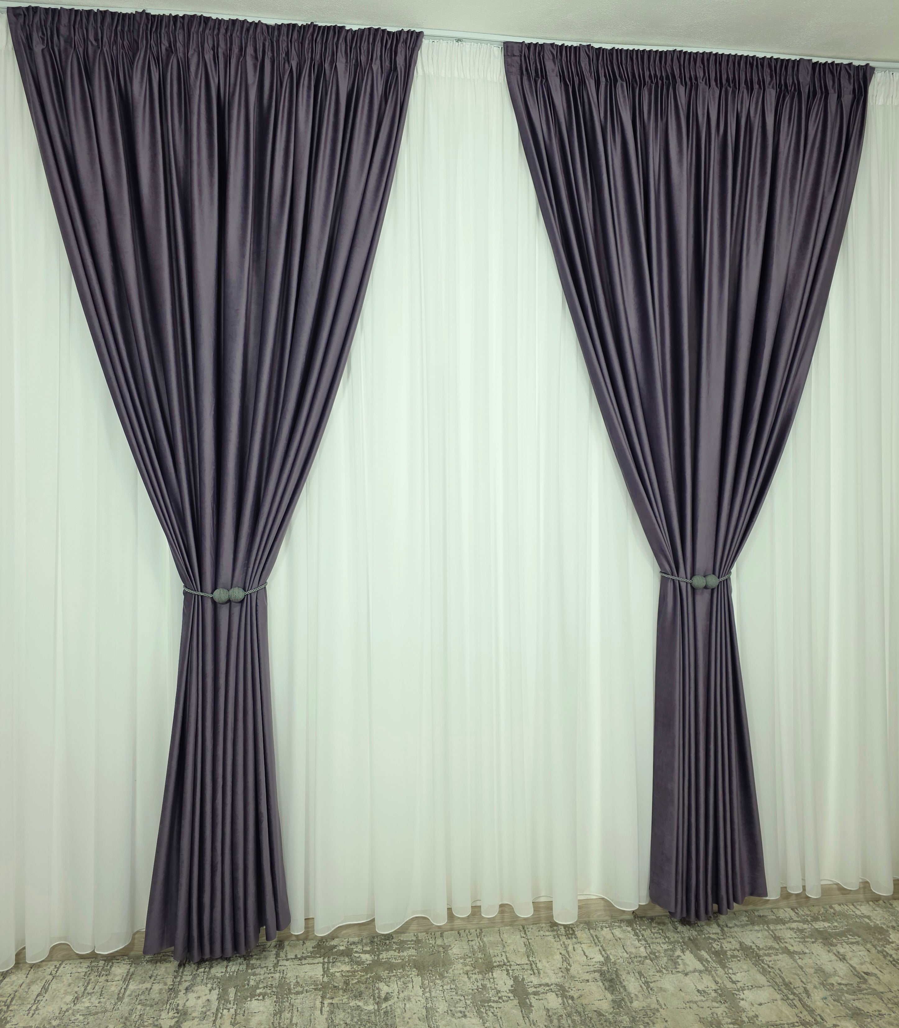 Set Barni: Perdea Voal Alb Premium Si Draperie Catifea Mov