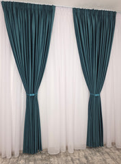 Set Daniela: Perdea Sable Alba plina ca textura Si Draperie Catifea Verde-Turcoaz