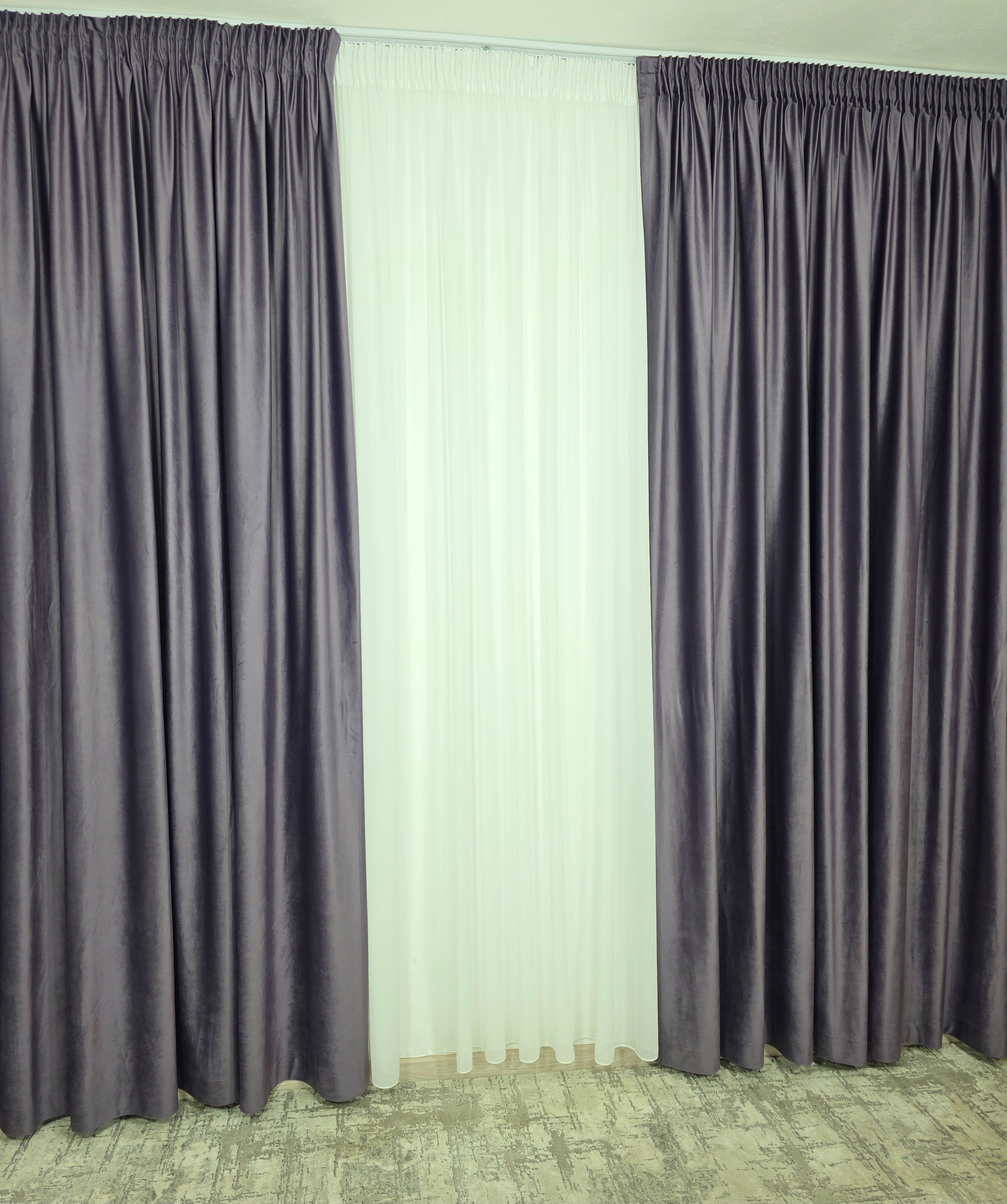 Set Barni: Perdea Voal Alb Premium Si Draperie Catifea Mov
