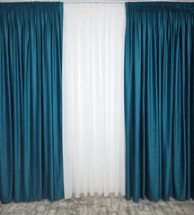 Set Giulia: Perdea Voal Alb Simplu Si Draperie Catifea Turcoaz Blackout 90%
