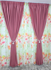 Set Petal Roz: Perdea Din Voal Cu Model Floral Si Draperie Soft Roz Semi-Opaca