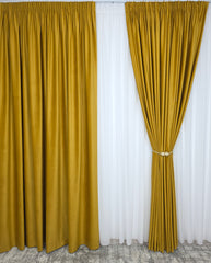 Set Ligia: Perdea Voal Premium Si Draperie Catifea Galben Mustar