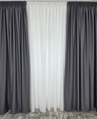 Colectia Blackout Varianta 777 Perdea Alba Voal Premium Jorjet si Draperie Gri Inchis Blackout 90-95% pentru Living si Dormitor in Nuante Alb, Gri si Antracit