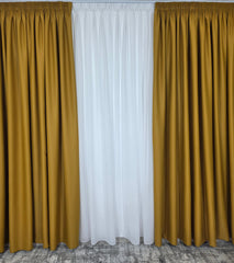 Colectia Blackout Varianta BTN224 Perdea Alba Voal Premium Jorjet si Draperie Galben Mustar Blackout 80-95% pentru Living si Dormitor in Nuante Crem, Bej si Lemn Natur