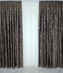 Colectia Majestic: Perdea Crem Din Borangic Cu Sidef Auriu Si Draperie Catifea Maro Cu Insertii