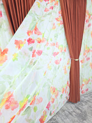 Set Petale in Cupru: Perdea Din Voal Cu Model Floral Si Draperie Catifea Caramiziu