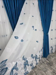 Set Maya: perdea din in cu frunze turcoaz-alb si draperie catifea turcoaz