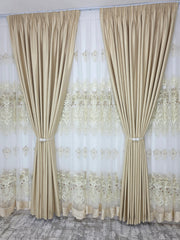 Set Luminita: Perdea Lux Cu Broderie 3d Crem Si Draperie Rolex Din Catifea Crem Auriu Cu Sclipici Auriu