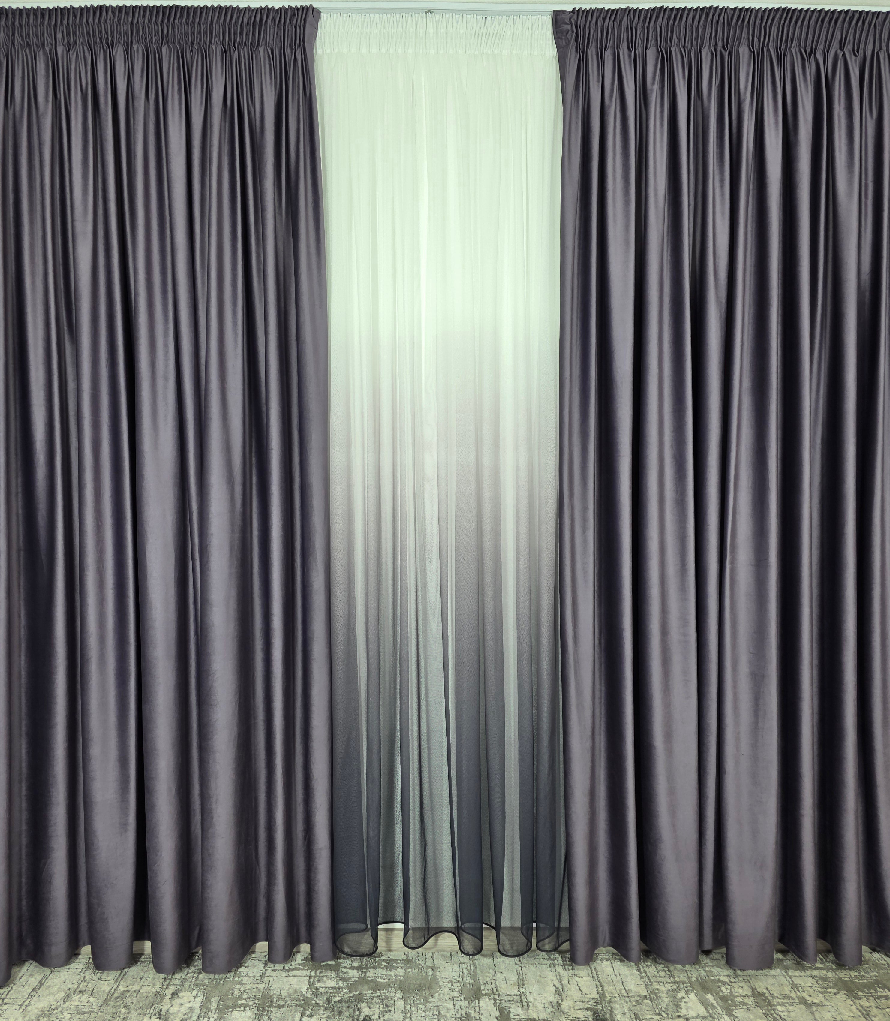 Set Rebeca: perdea bamboo degrade gri mov si draperie catifea mov blackout 98%