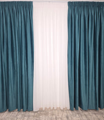 Set Amalfi: Perdea Voal Premium Si Draperie Catifea Verde-Turcoaz