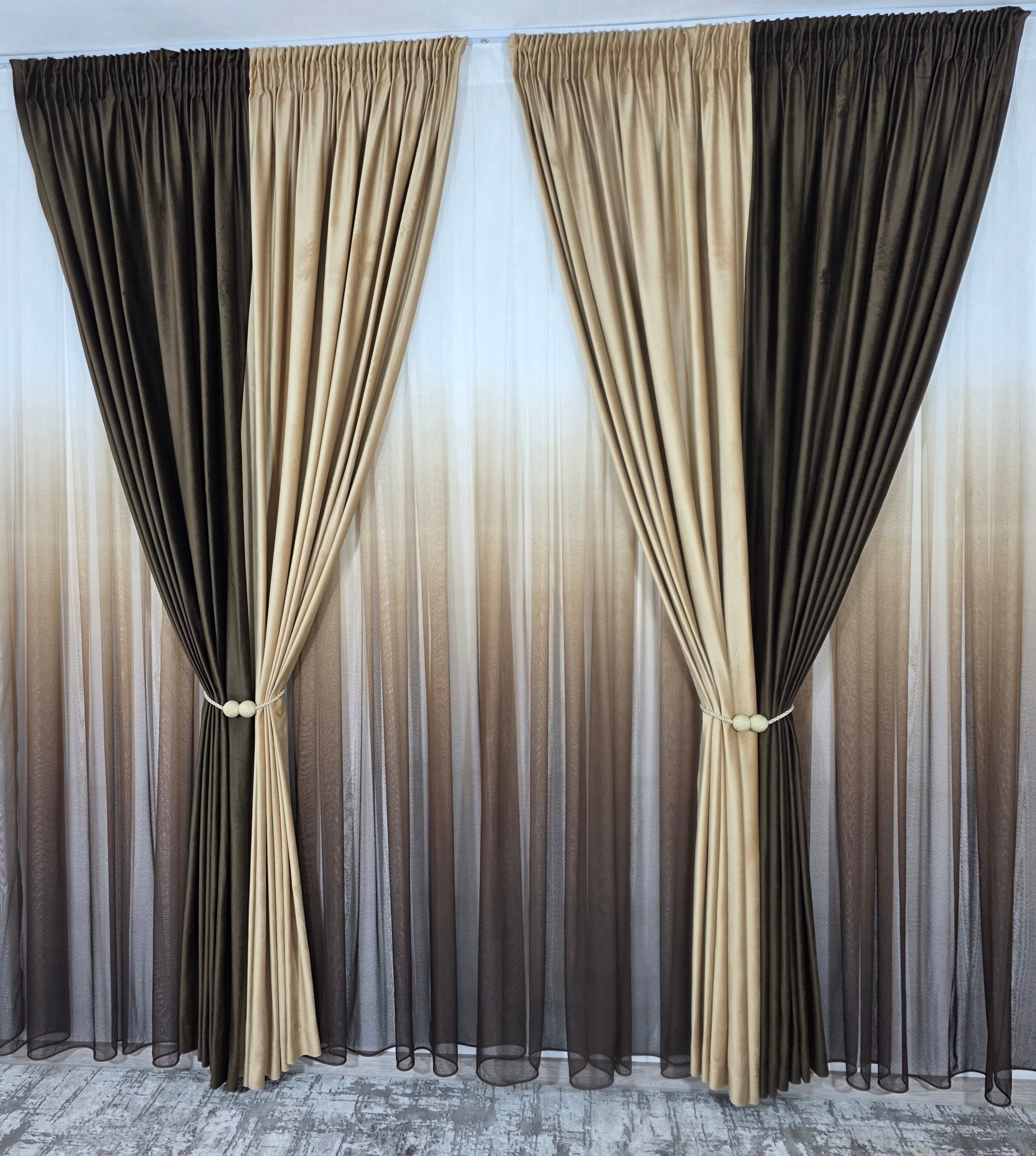 Set Selina: perdea bamboo degrade maro și draperie catifea in 2 culori blackout 90%
