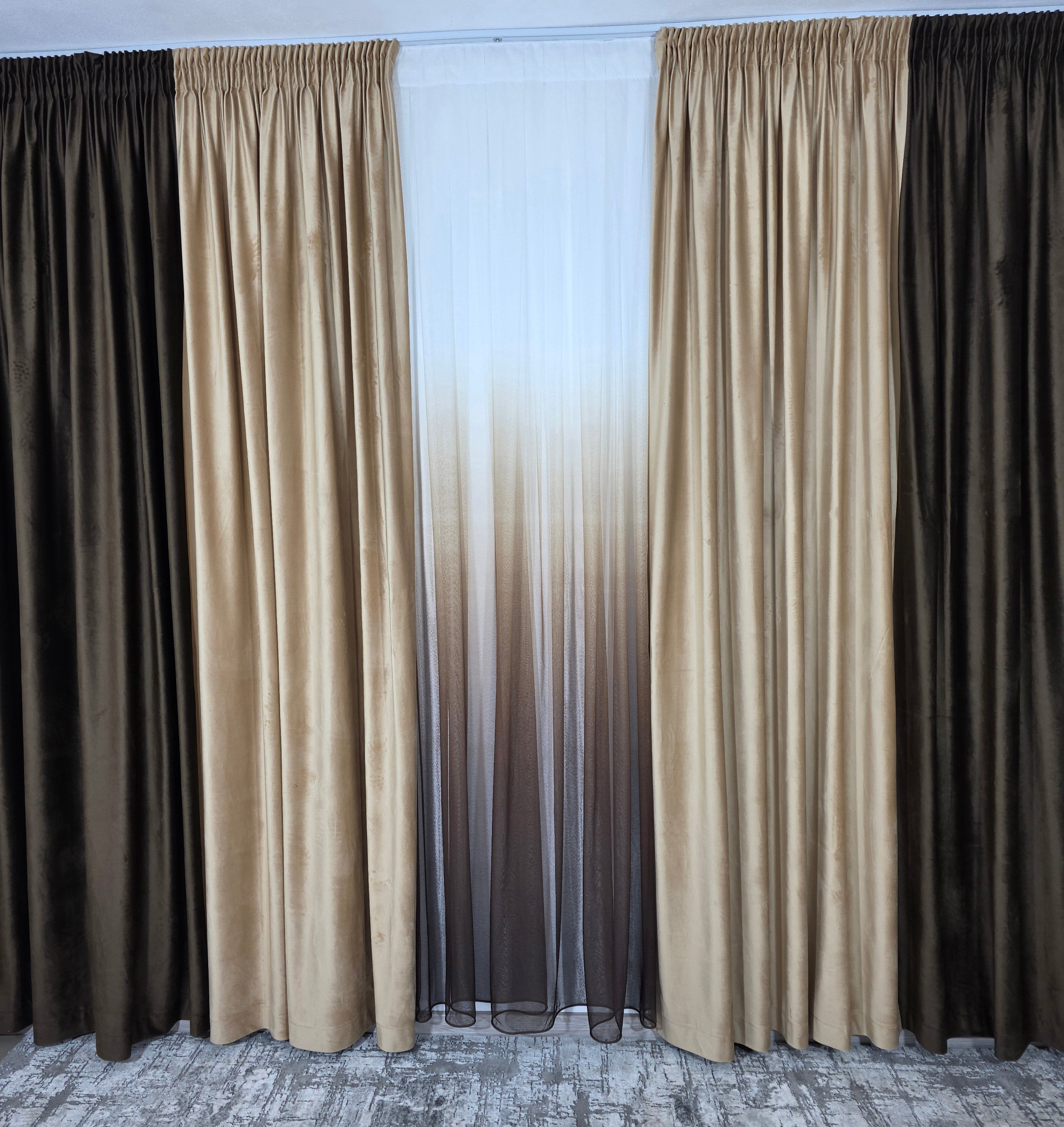 Set Selina: perdea bamboo degrade maro și draperie catifea in 2 culori blackout 98%