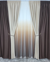 Set Leo: perdea bamboo in degrade maro si draperie blackout in doua culori crem-maro