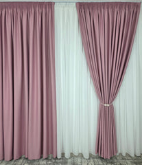 Set pentru Living si Dormitor in Nuante Crem, Roz Pudrat si Gri Deschis-Colectia Blackout Varianta BTN782 Perdea Alba Voal Premium Jorjet si Draperie Roz