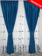 Set Maya: perdea din in cu frunze turcoaz-alb si draperie catifea turcoaz