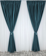Set Premium: Perdea Matase Alb Imaculat și Draperie Verde Turcoaz Catifea Garantat Opacă Blackout 100%
