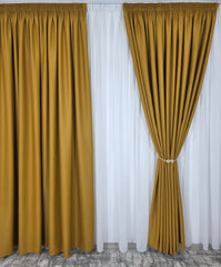 Colectia Blackout Varianta BTN224 Perdea Alba Voal Premium Jorjet si Draperie Galben Mustar Blackout 80-95% pentru Living si Dormitor in Nuante Crem, Bej si Lemn Natur