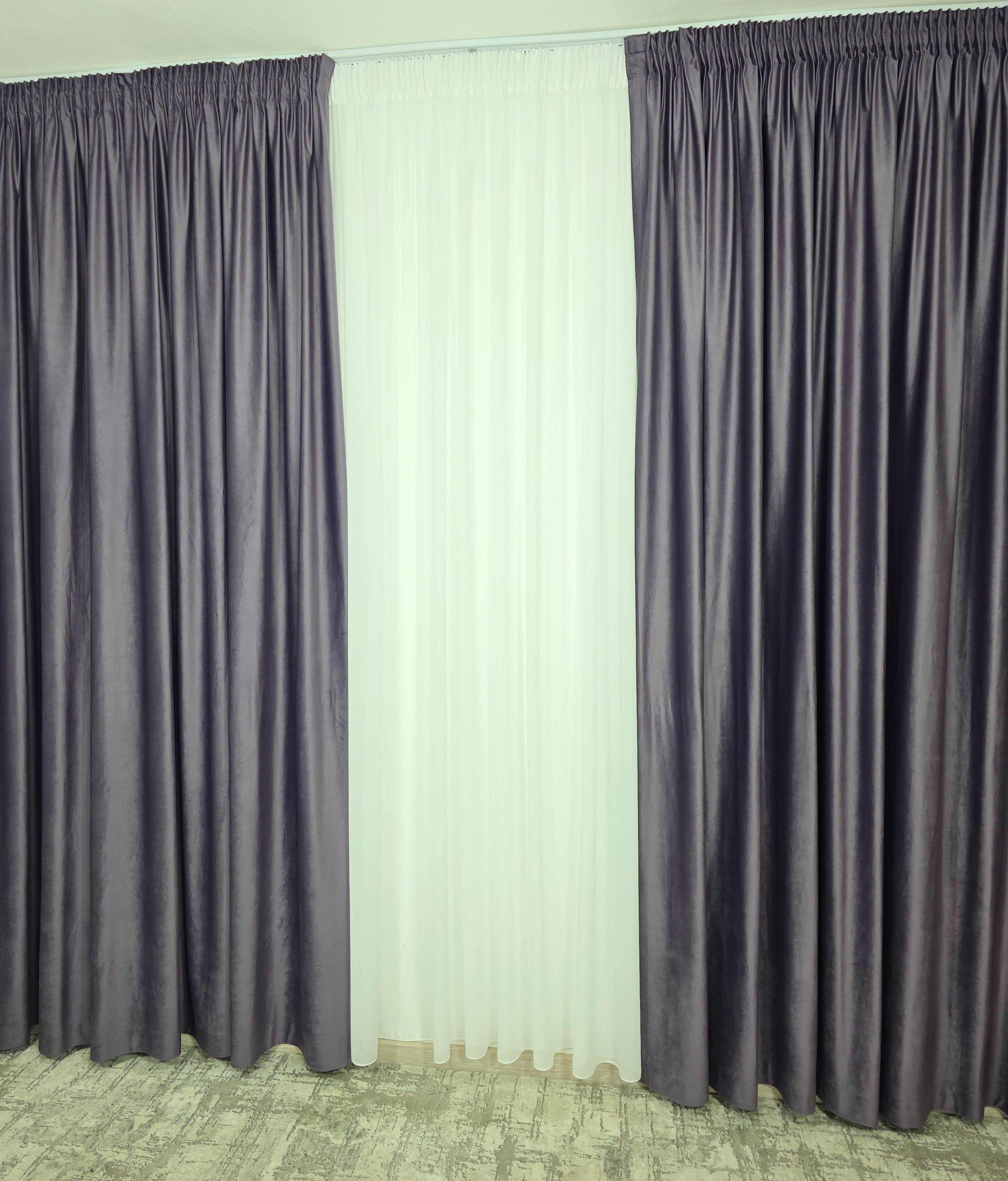 Set Barni: Perdea Voal Alb Premium Si Draperie Catifea Mov
