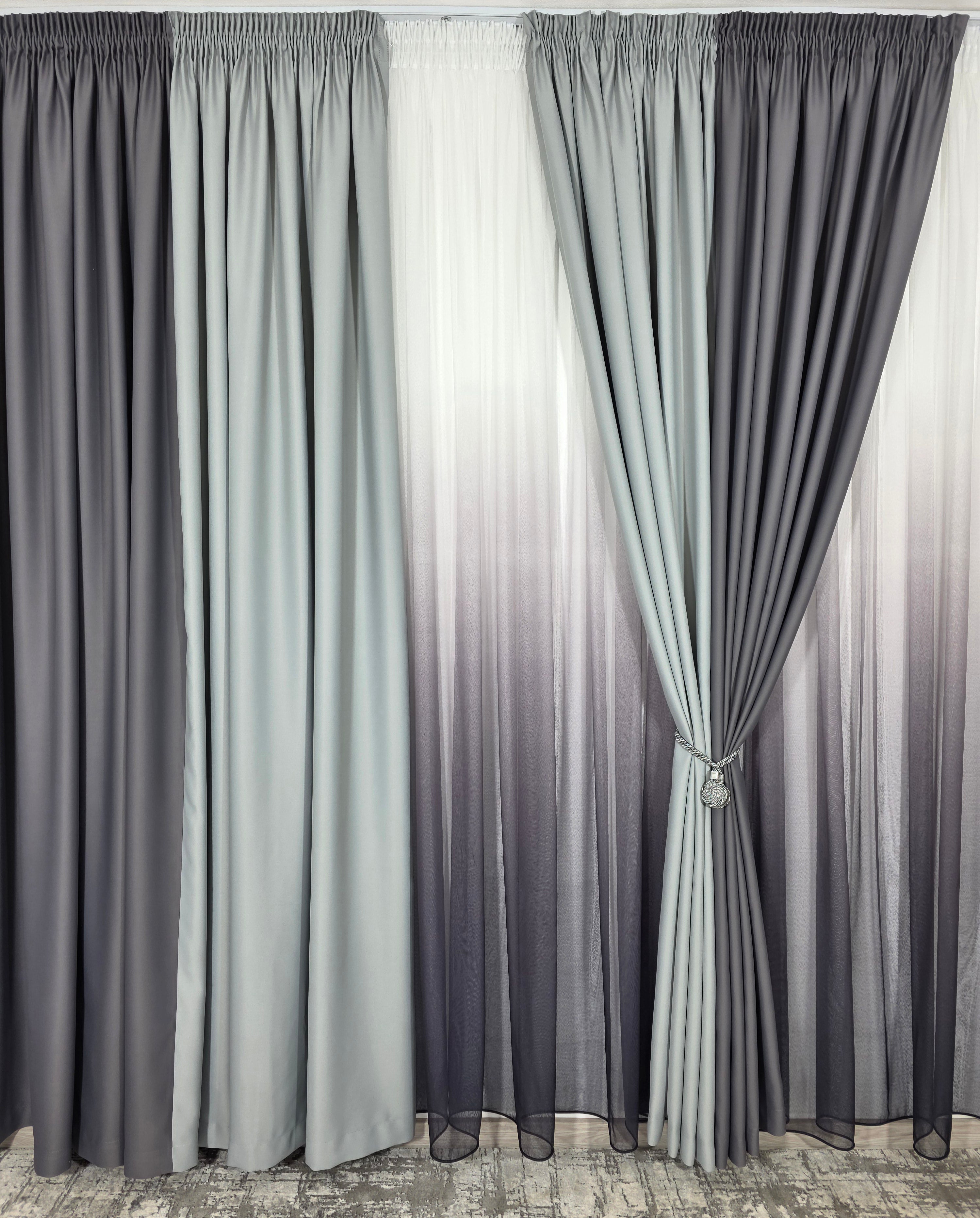 Set Ken: perdea bamboo degrade gri mov si draperie in 2 culori, nuante de gri blackout 98%