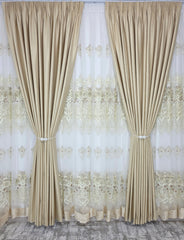 Set Luminita: Perdea Lux Cu Broderie 3d Crem Si Draperie Rolex Din Catifea Crem Auriu Cu Sclipici Auriu