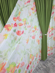 Superpret*Ideal pentru living si dormitor cu pat sau canapea verde olive, pereti albi si mobilier alb sau lemn natur - Set Primavara in Verde: Perdea din Voal cu Model Floral si Draperie Soft Verde Olive - confectionat pe comanda