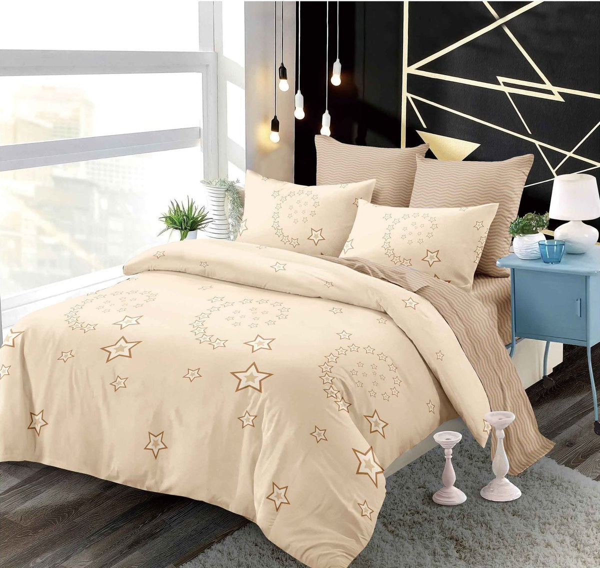 Lenjerie finet, crem cu stelute, cerceaf cu elastic 160/180x200, Cod: B6024