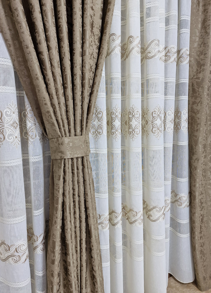 Set perdea crem cu maro din in gros si draperie decorativa capucino - CASABLANCA Set perdea crem cu maro din in gros si draperie decorativa capucino Casa Blanca Curtains & Drapes 660.00 CASABLANCA  CASABLANCA